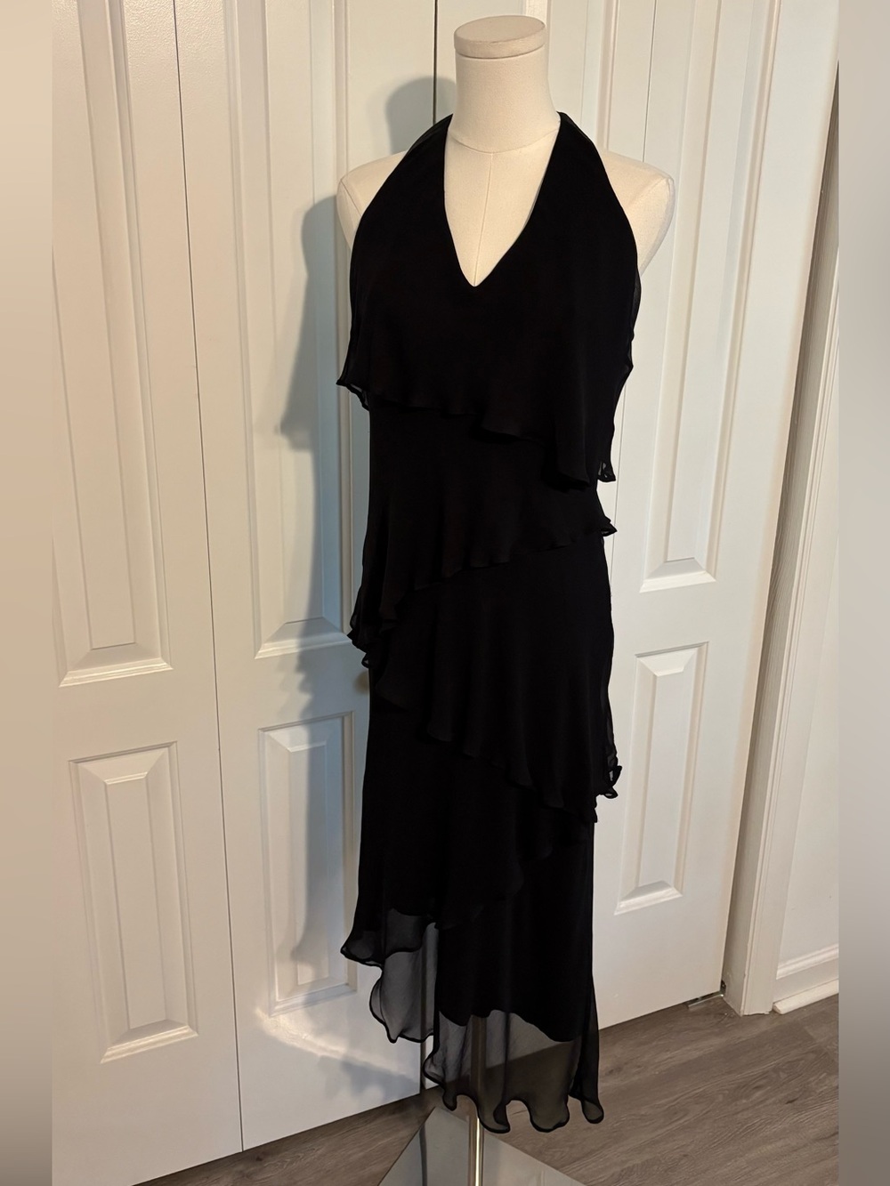 ECI NEW YORK, 100% Silk Black Asymmetrical, Tiered & Ruffled Halter Dress Size 8